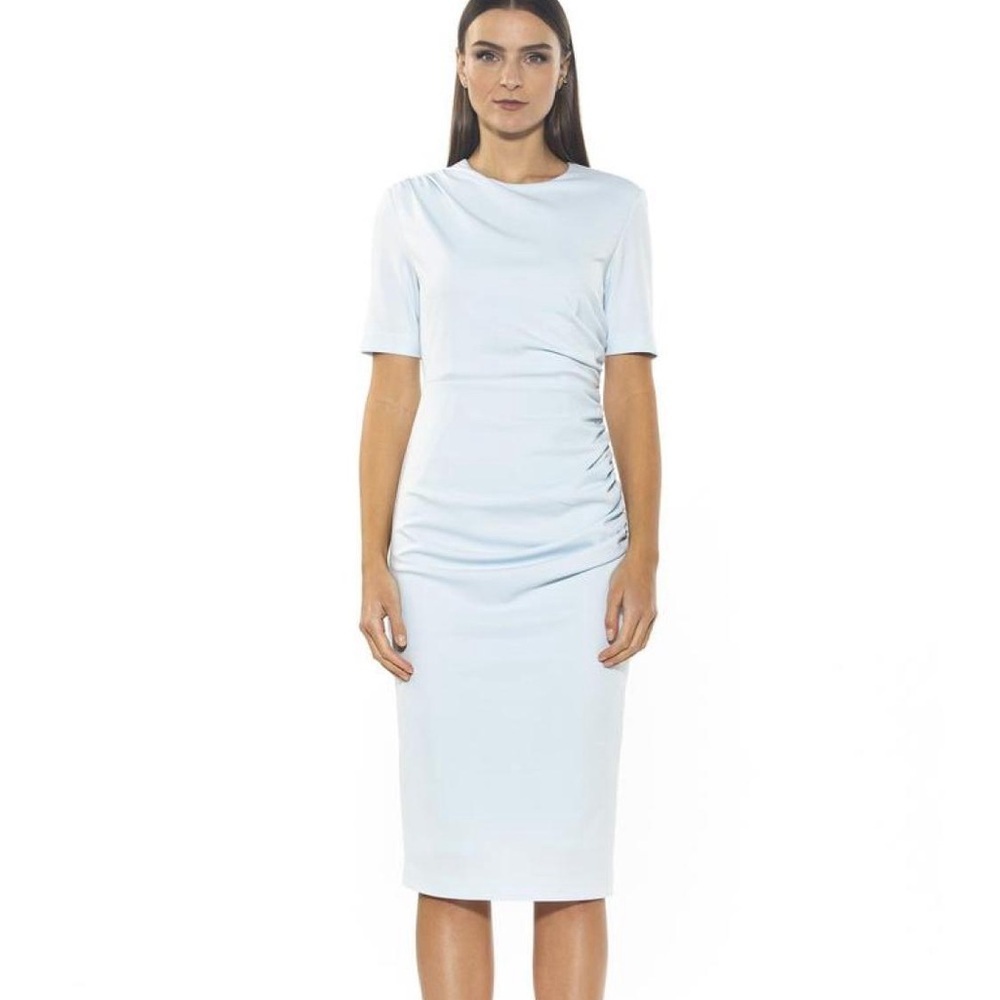 New ALEXIA ADMOR Cataleya Crewneck Draped Sheath Dress in Halogen Blue Sz  Small